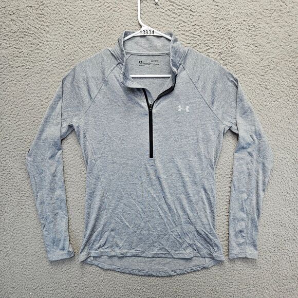 Under Armour Shirt Tops Womens Medium Gray Twisted‎ Tech 1/2 Zip Long Sleeves - Picture 1 of 10
